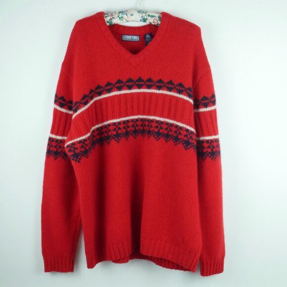 Vintage XL Sweater 100% Wool Thick Oversized Pullover Red Fair Isle Preppy 90s - Picture 1 of 8